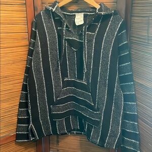 Mexican Blanket Baja Hoodie ~Black/Gray/White Striped - Medium/large Unisex